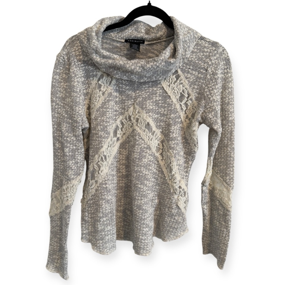 SOCIALITE Women's Size M Boucle Knit Lace Gray/White Cowl Neck Sweater